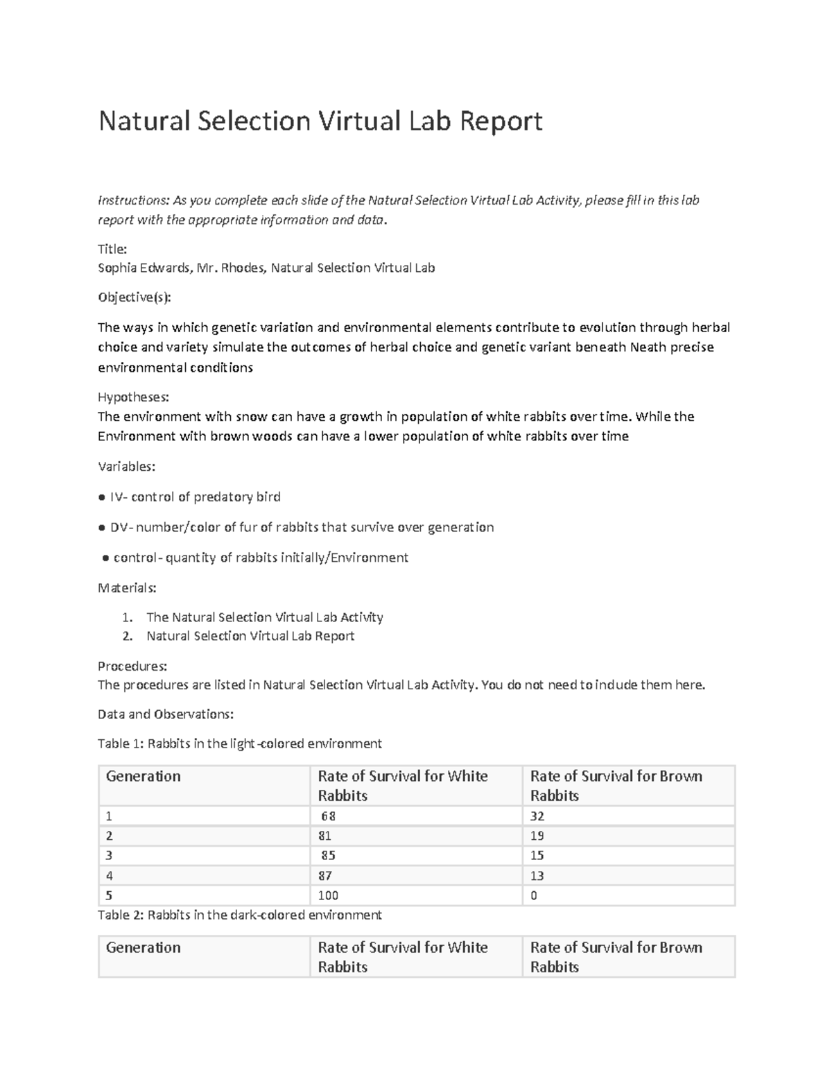 Natural Selection Virtual Lab Report - BIO 5.02 - Studocu