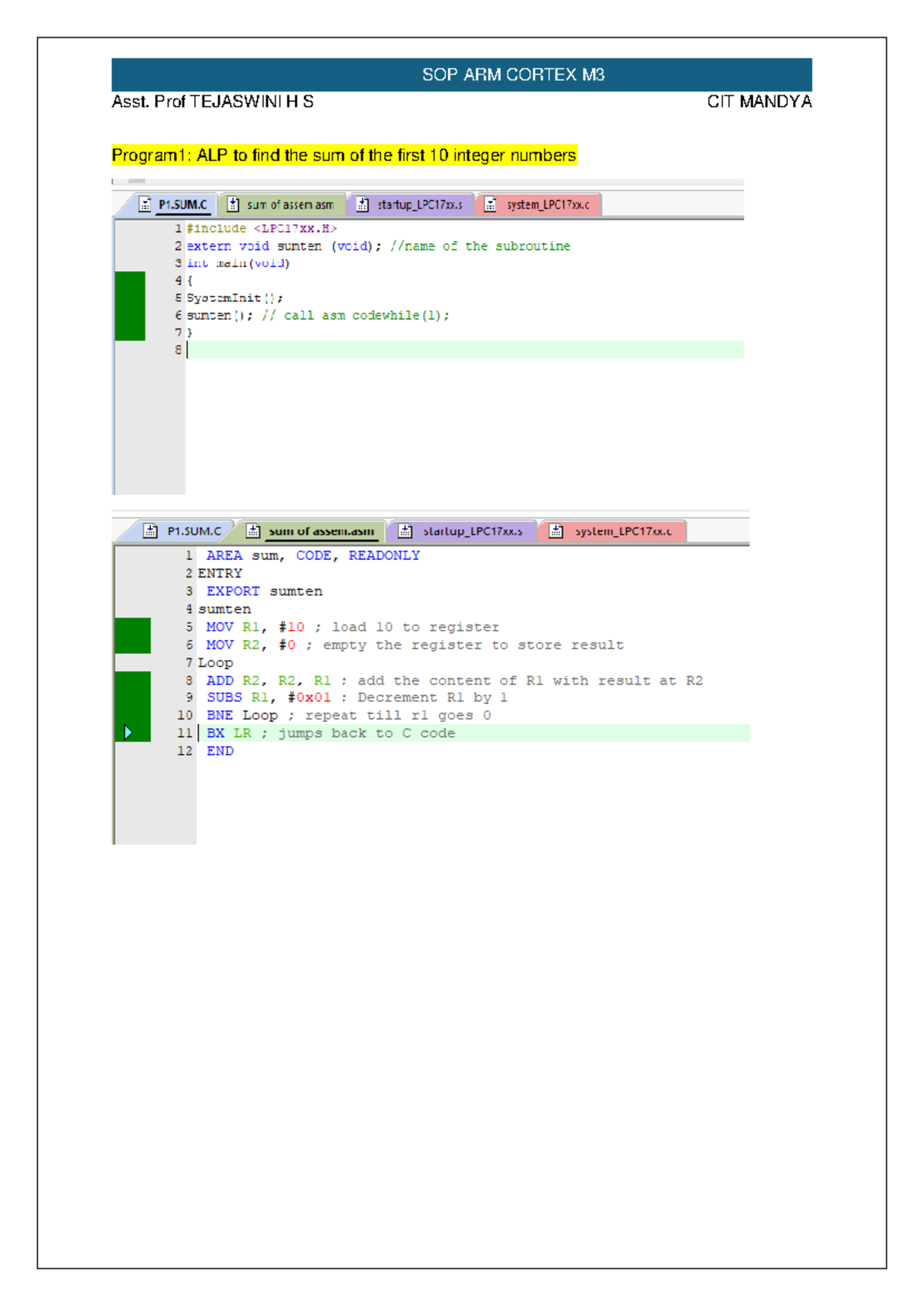 SOP ARM CORTEX M3 Keil Programs: ALP for Basic Arithmetic Operations ...