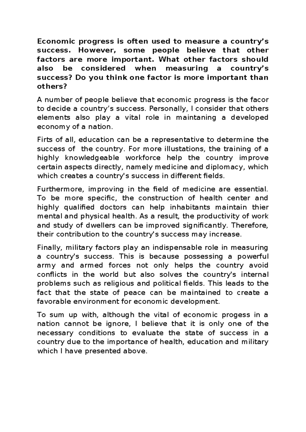 Essay Notes: Factors Beyond Economic Progress in Measuring Success ...