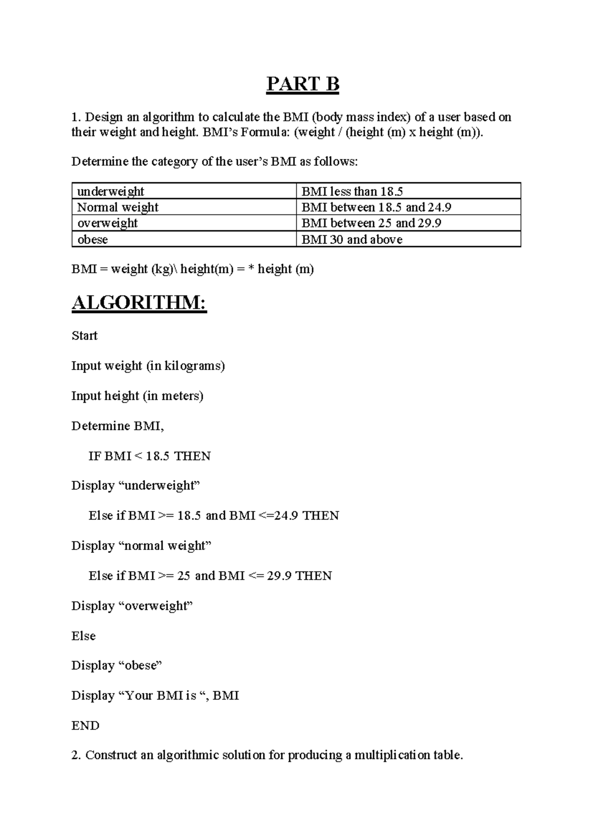 Part B Tutorial: BMI Calculation & Multiplication Table Algorithm - Studocu