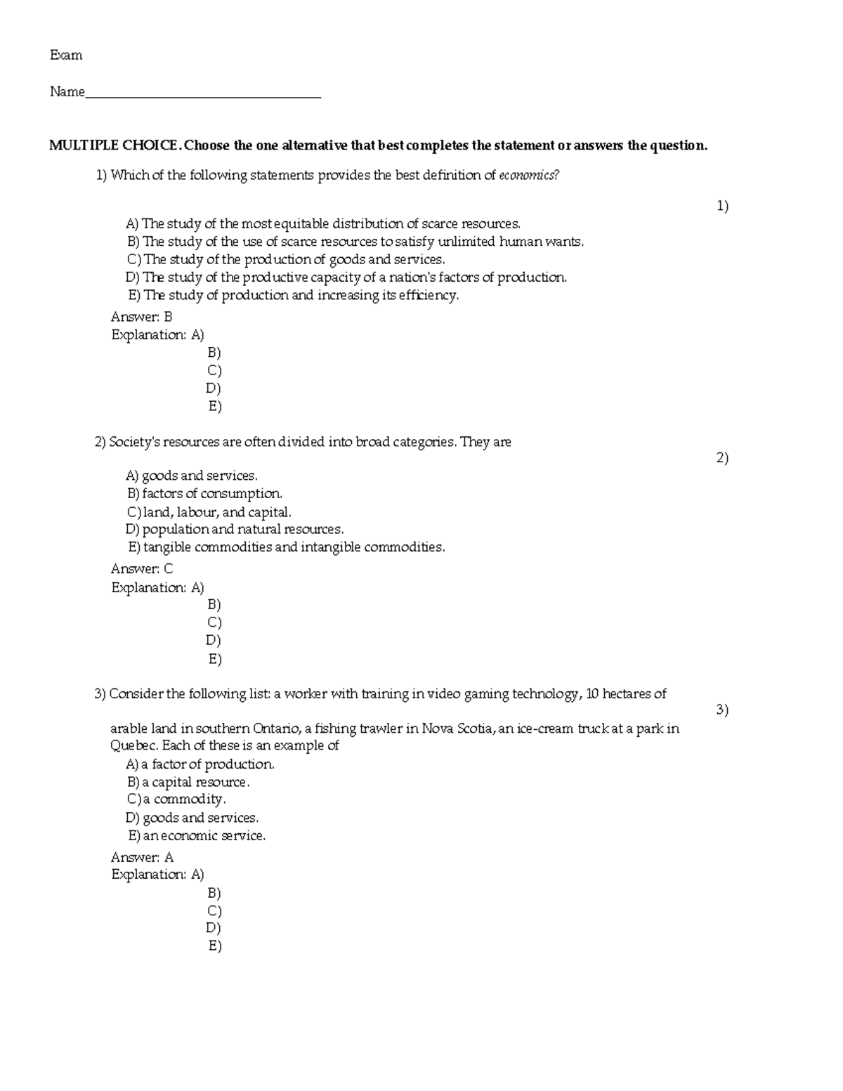 Econ 201: Multiple Choice Exam Questions on Economics Concepts - Studocu