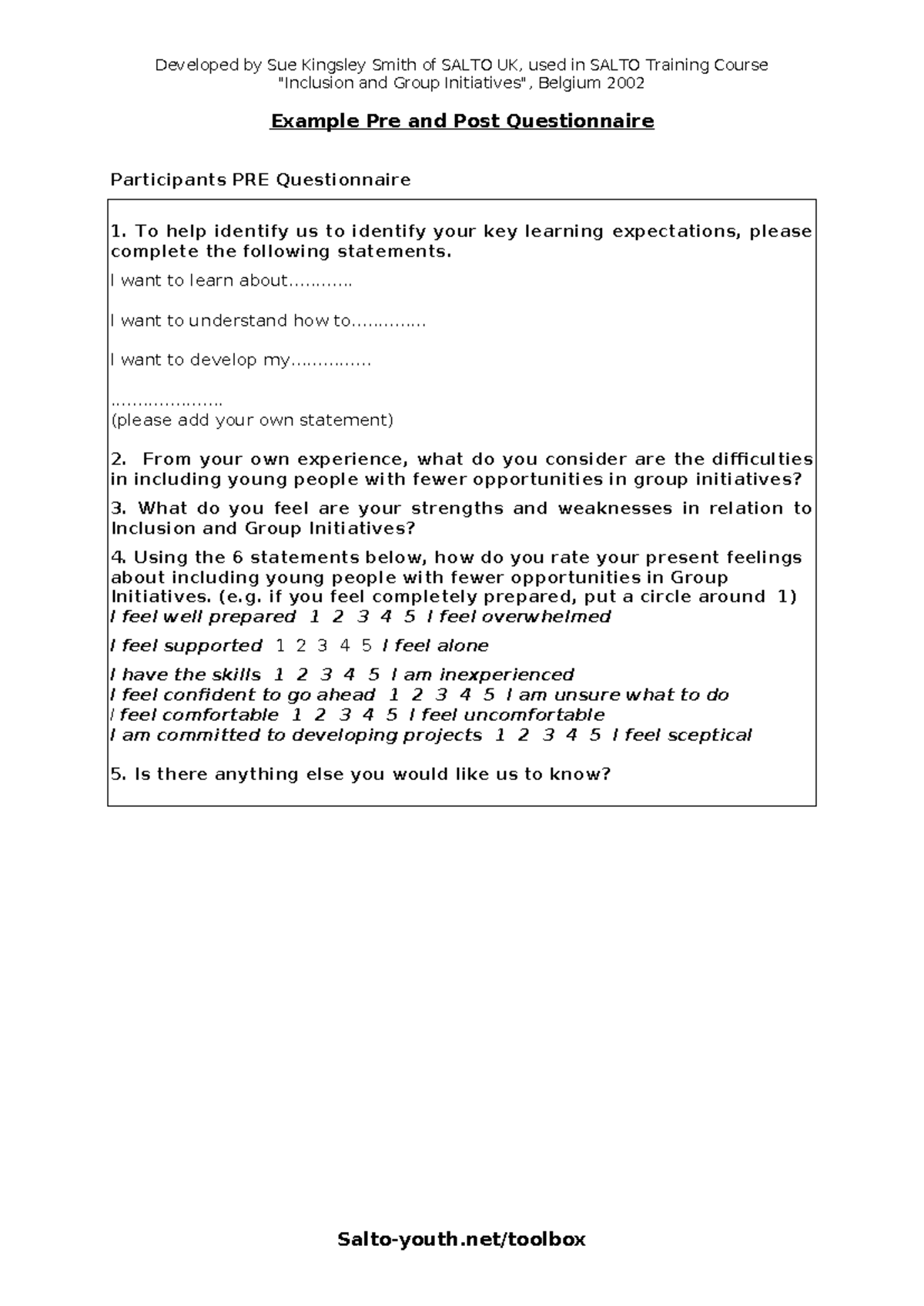 SALTO Training Course Pre & Post Questionnaire – Inclusion ...