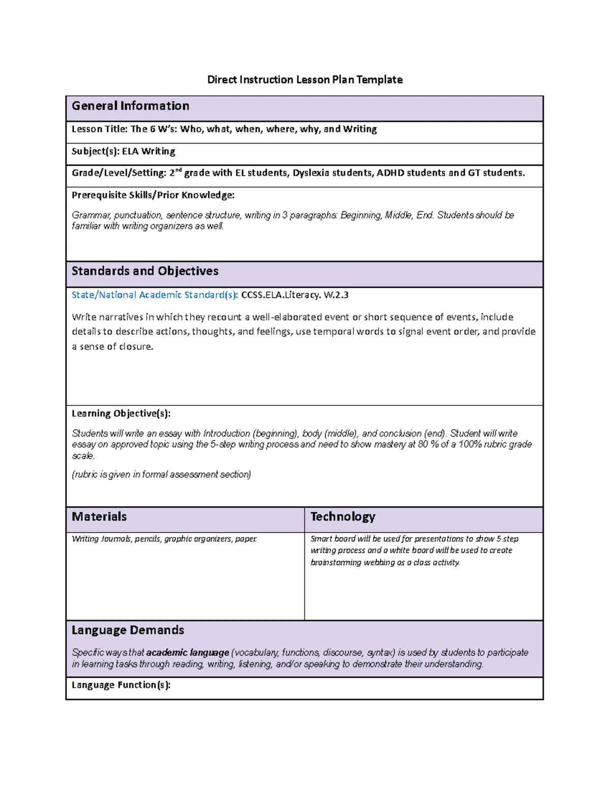 C365 Task 1 - Complete - Direct Instruction Lesson Plan Template ...