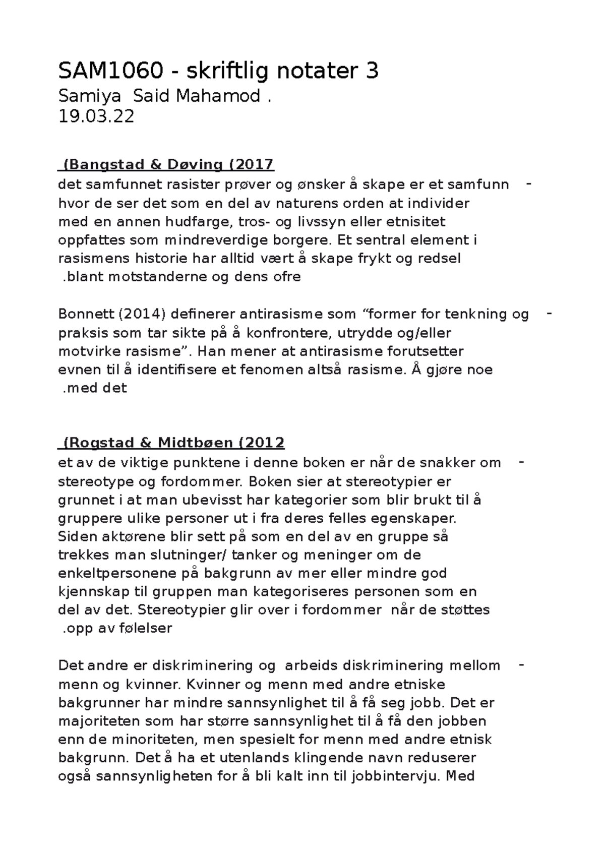 SAM1060 - Skriftlige Notater 3 om Rasisme og Diskriminering - Studocu