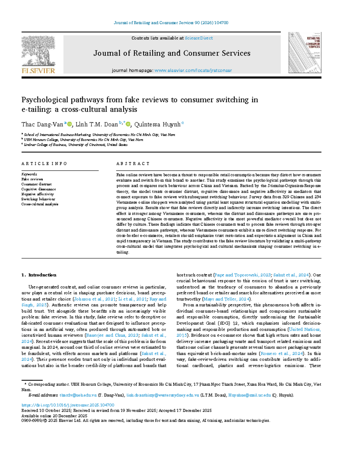Psychological Pathways from Fake Reviews to Consumer Switching: A