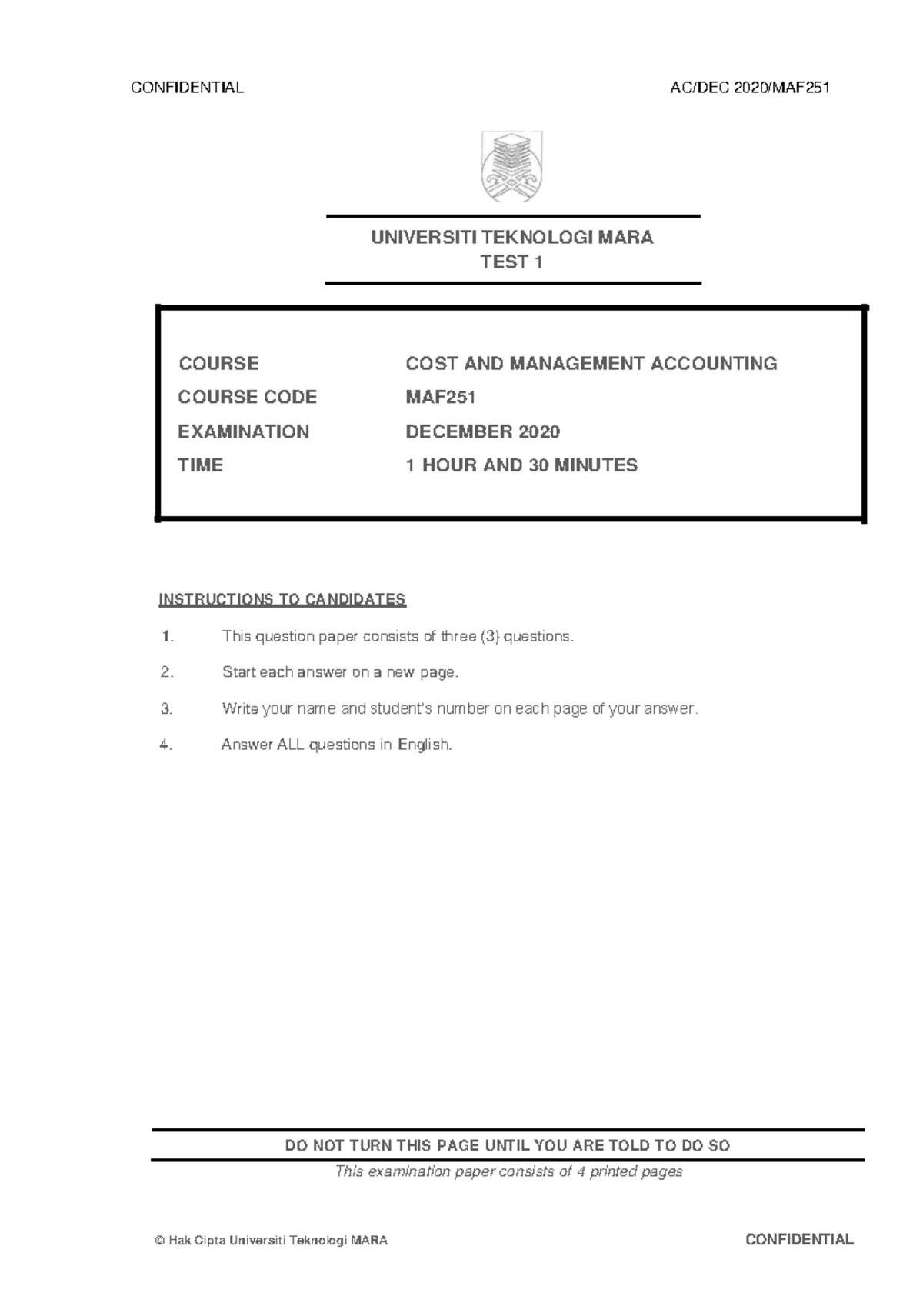 CT MAF251 Q MAY 2022 - Cost and Management Accounting Common Test - Studocu