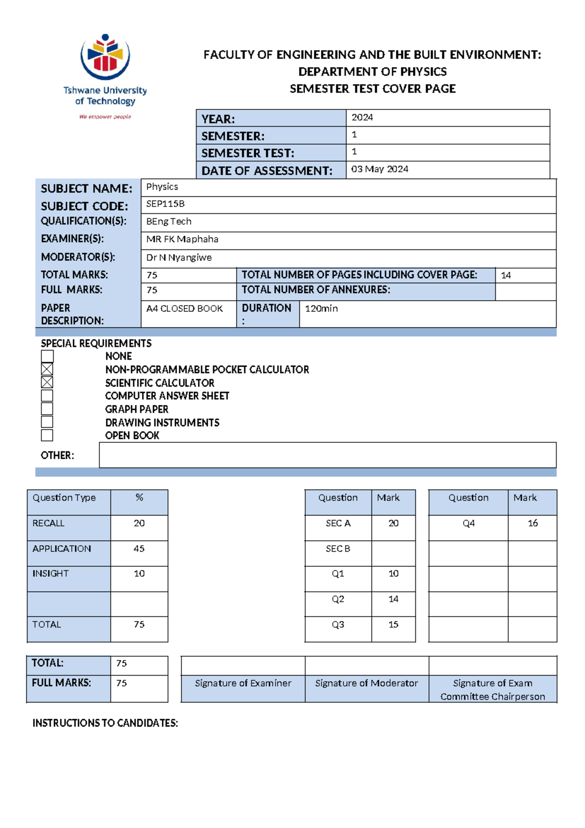 SEP115B Physics Semester Test 1 - May 2024 Cover Page - Studocu