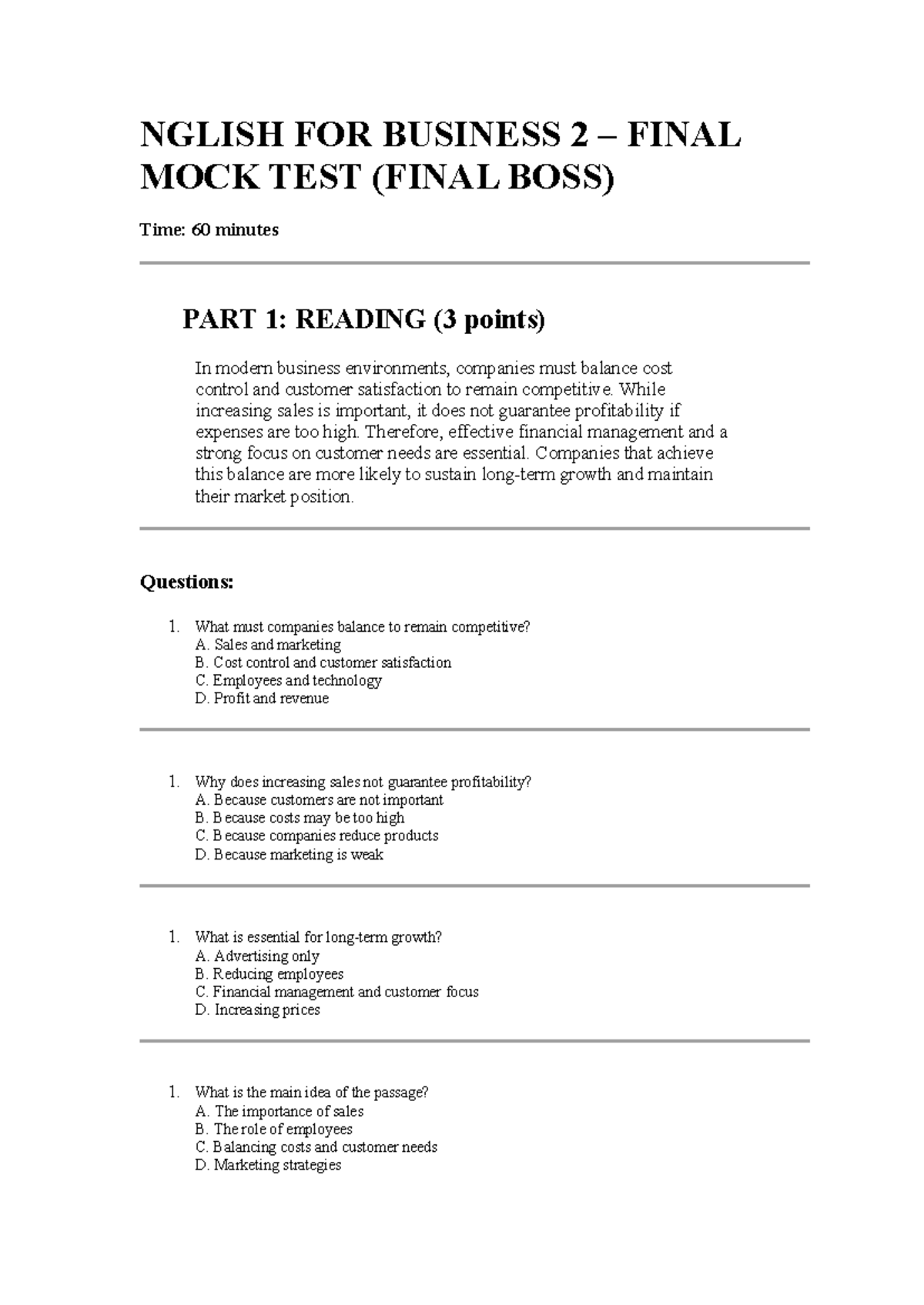 NGLISH FOR BUSINESS 2 FINAL MOCK TEST - READING & VOCABULARY - Studocu