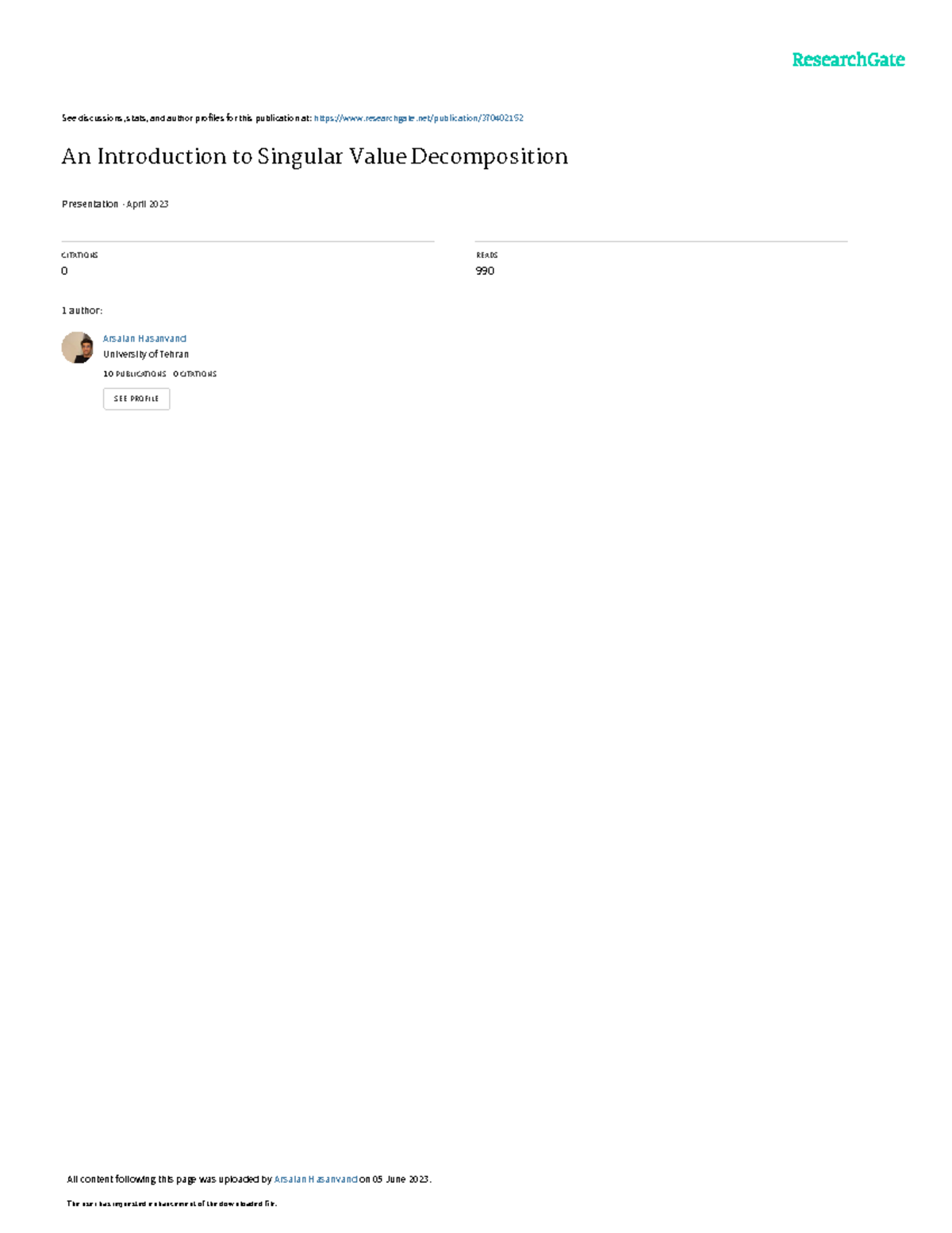 An Introduction to Singular Value Decomposition (SVD) - Lecture Notes ...