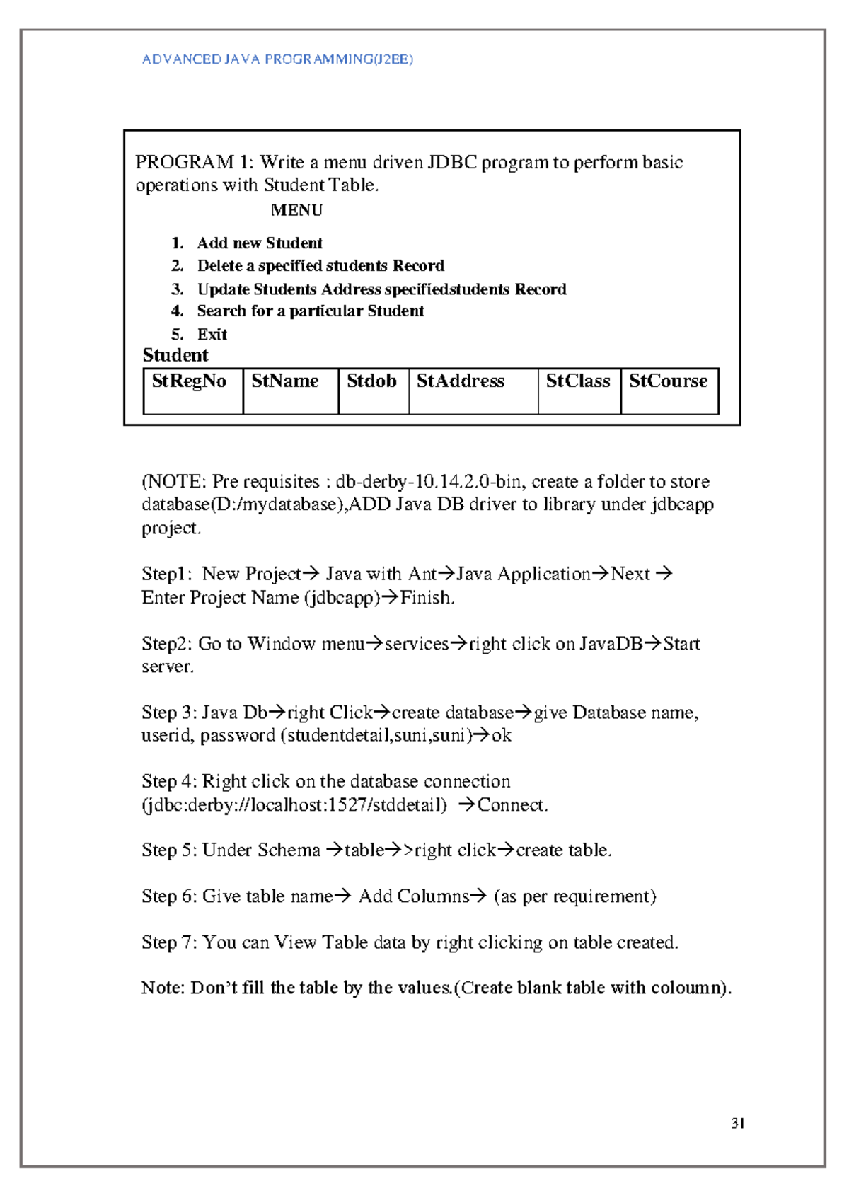 Advanced Java Programming (J2EE) - JDBC Menu Driven Programs - Studocu