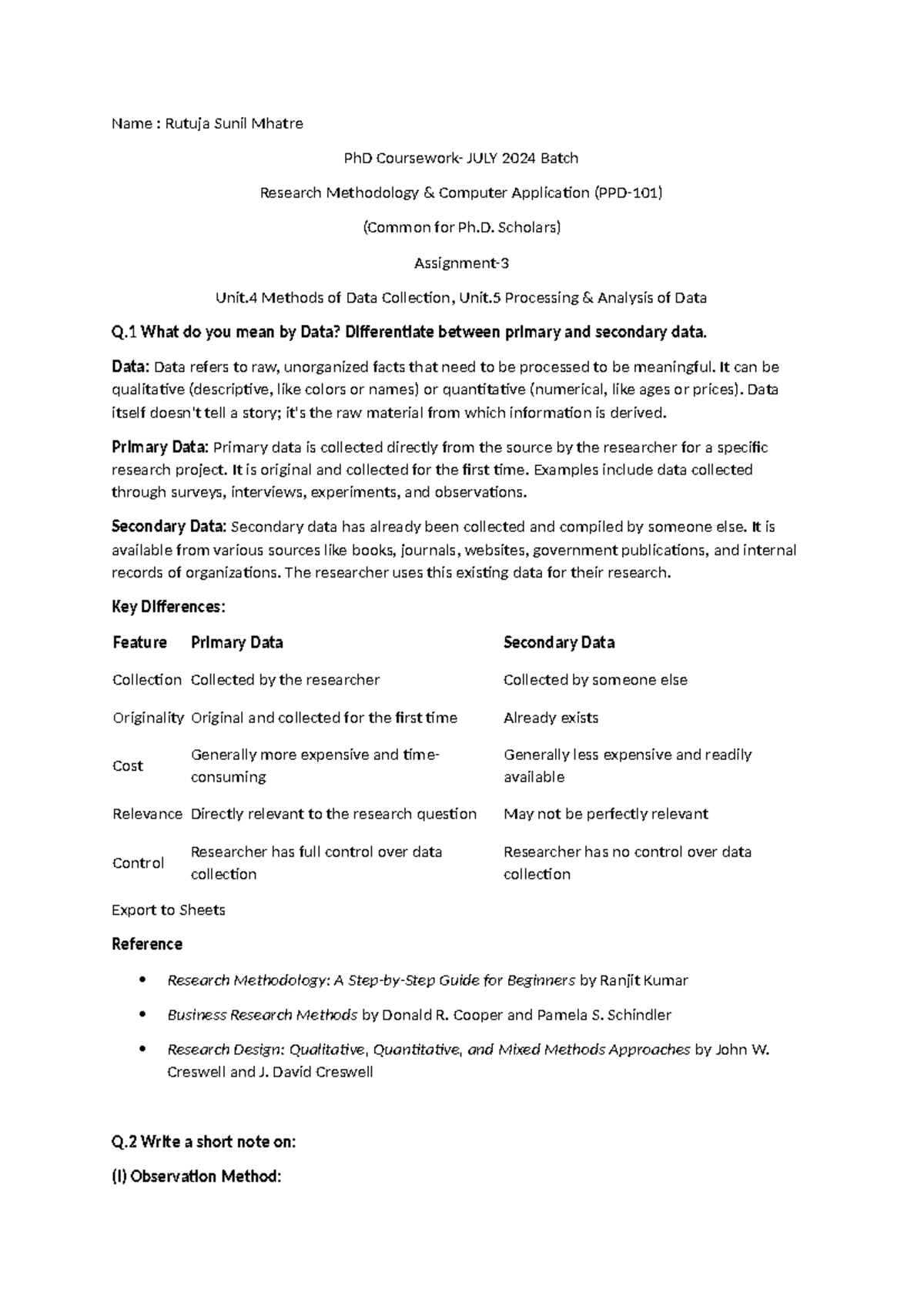 RMCA Assignment - 03: Research Methodology Notes on Data Collection ...