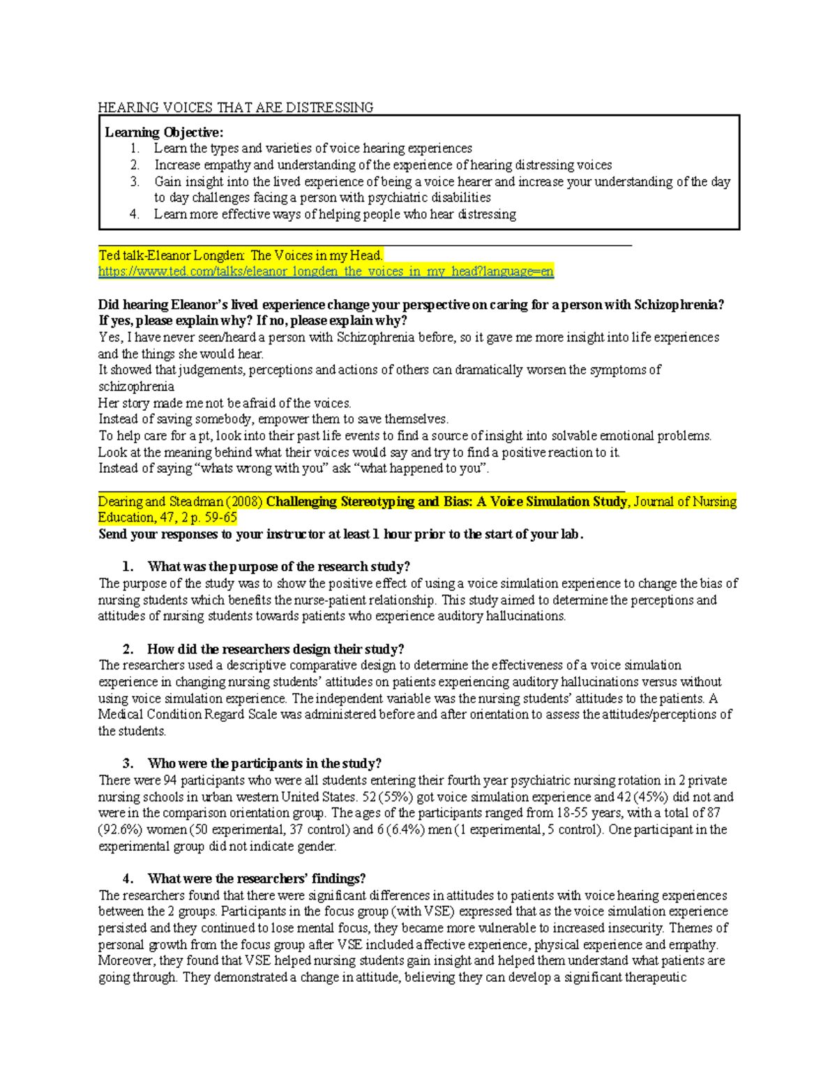LAB1 Mental Health NSG3137 - HEARING VOICES THAT ARE DISTRESSING ...