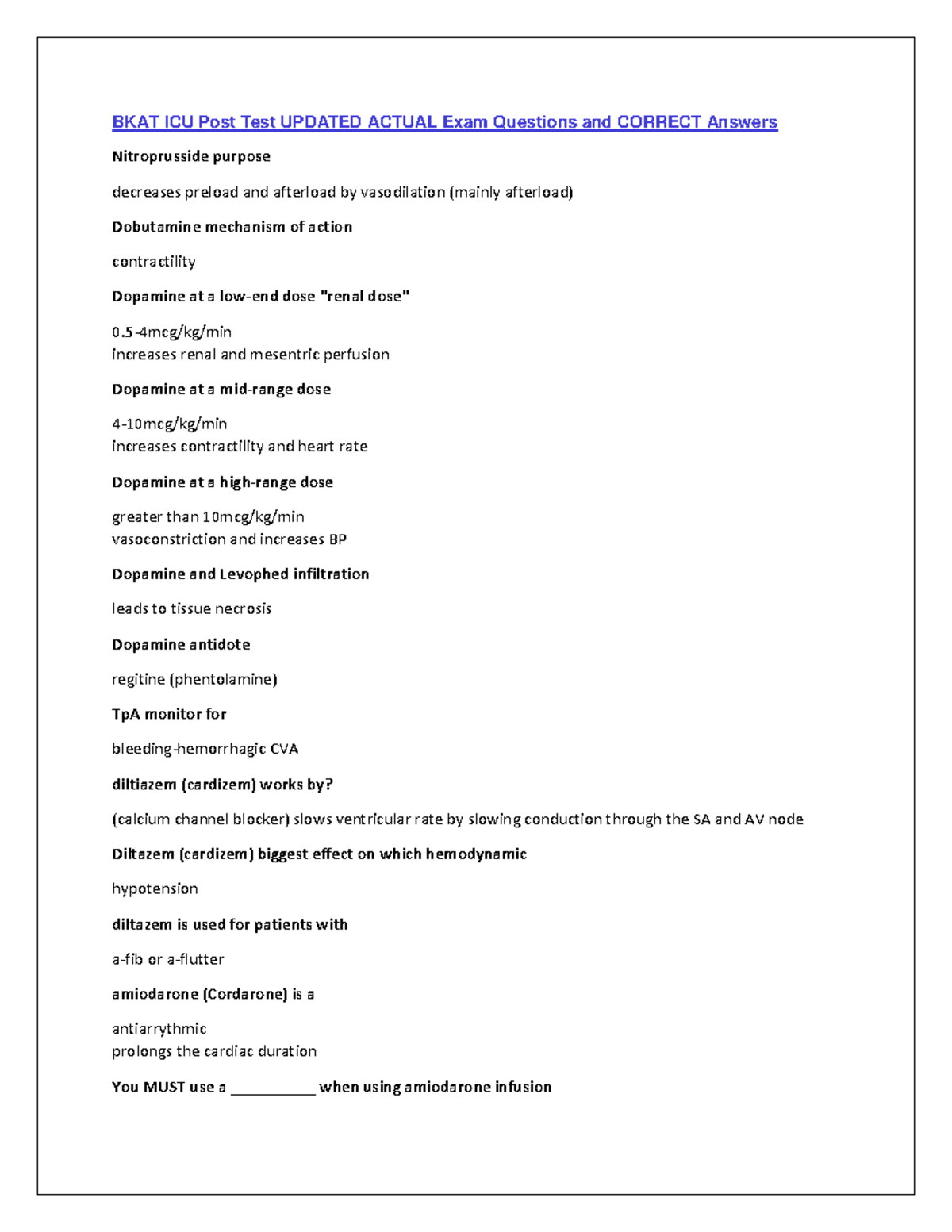 BKAT ICU Post Test: Key Exam Questions & Answers on Cardiac Care - Studocu