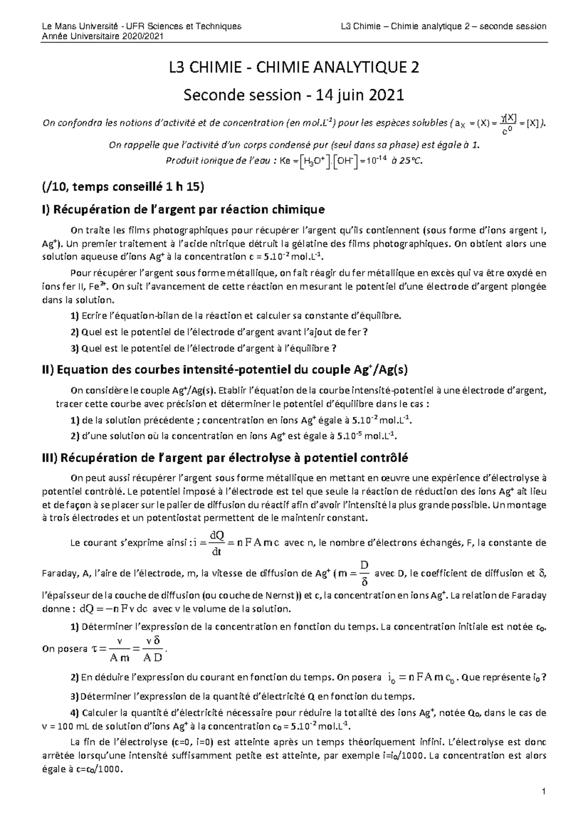 L3 CHIMIE - Chimie Analytique II Seconde Session 2020 Exam Notes - Studocu