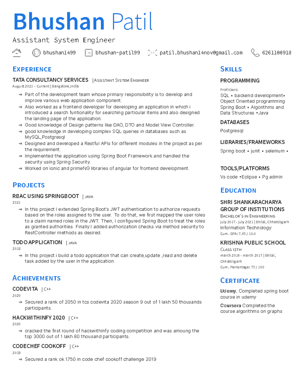 Bhushan Patil Resume - Assistant System Engineer Overview - Studocu