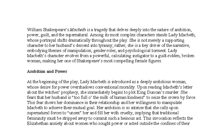 Lady Macbeth Essay: Ambition, Power, and Gender Roles in Tragedy - Studocu