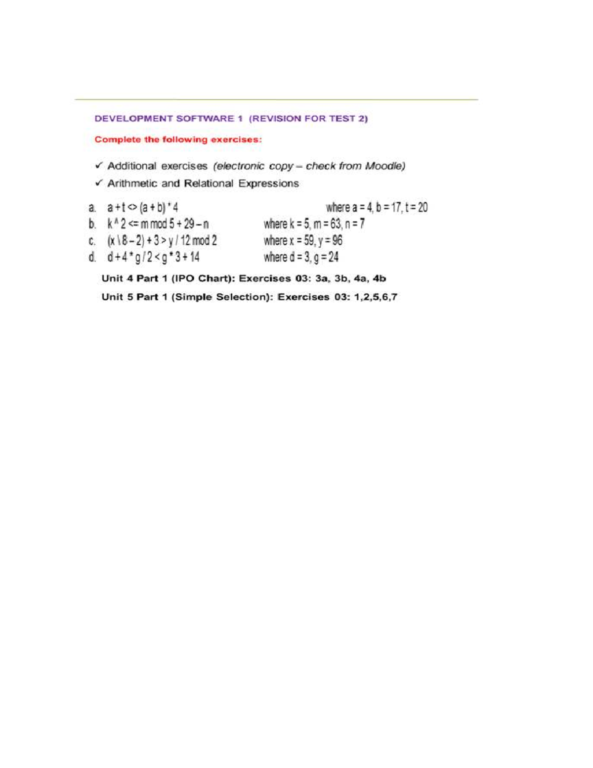 DEVELOPMENT SOFTWARE 1 (TEST 2 REVISION) Exercises & Examples - Studocu