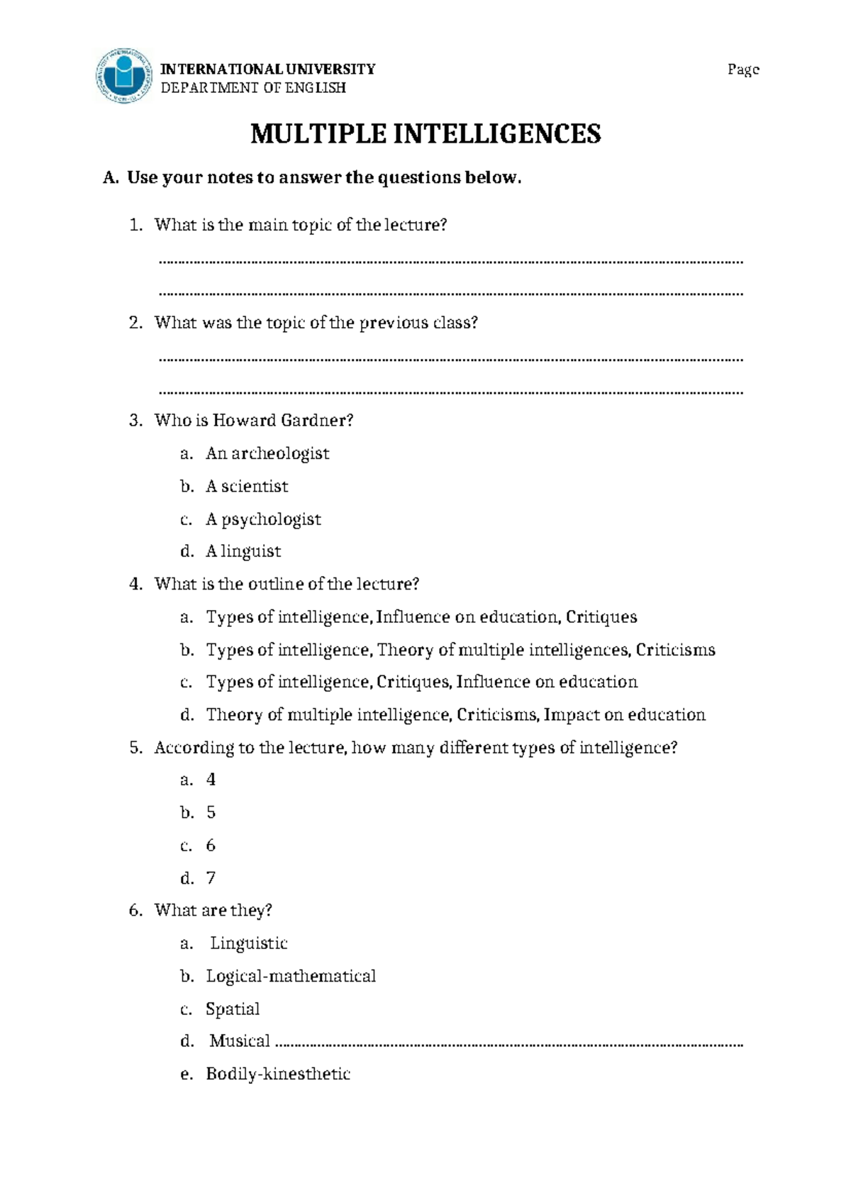 Unit 8 - Multiple Intelligences- note - INTERNATIONAL UNIVERSITY Page ...
