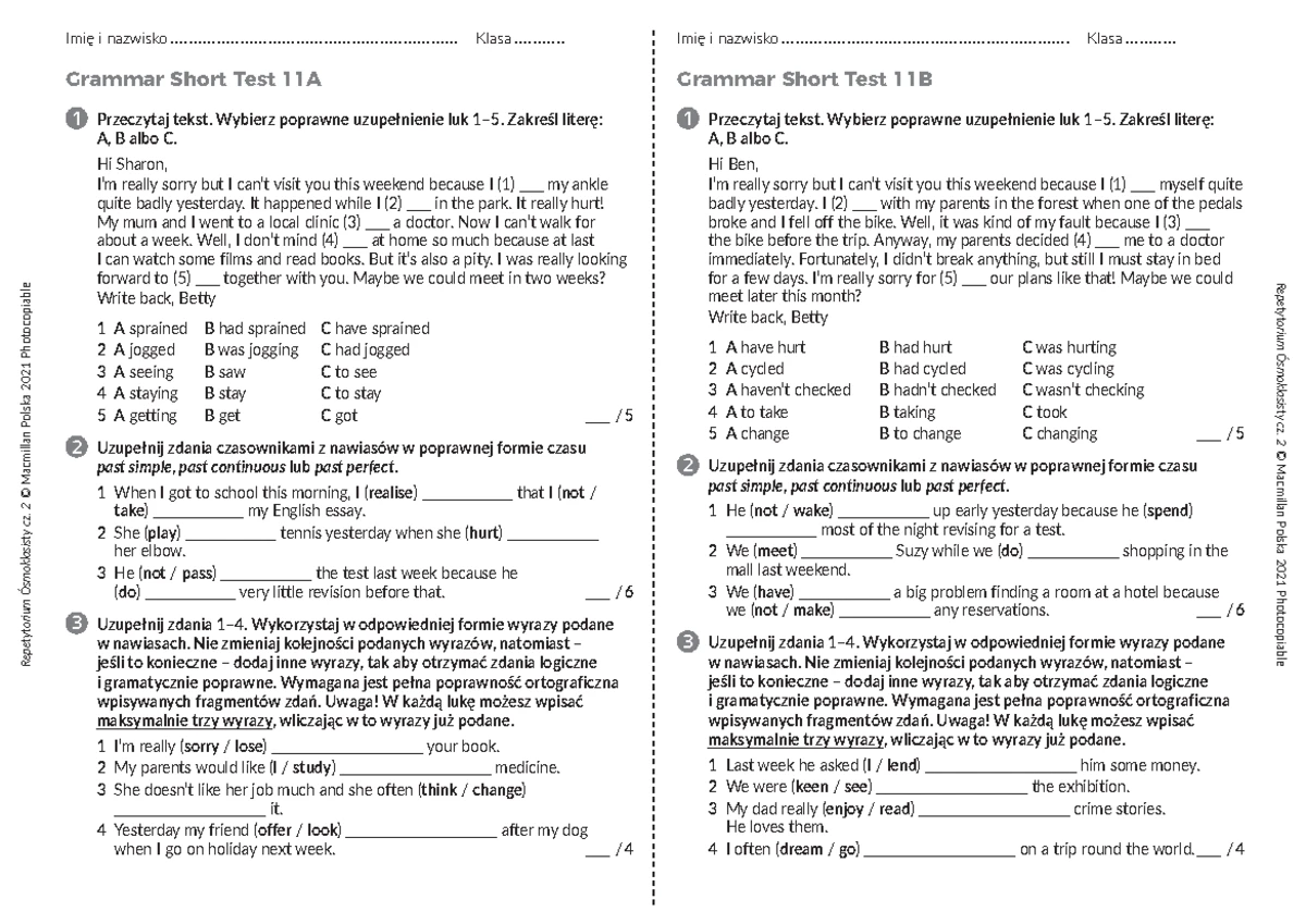 Angielski Unit 4 Klasa 5 Sprawdzian Brainy 5 Unit Test 5 B - angielski - UNIT 5 Test B Imię i nazwisko