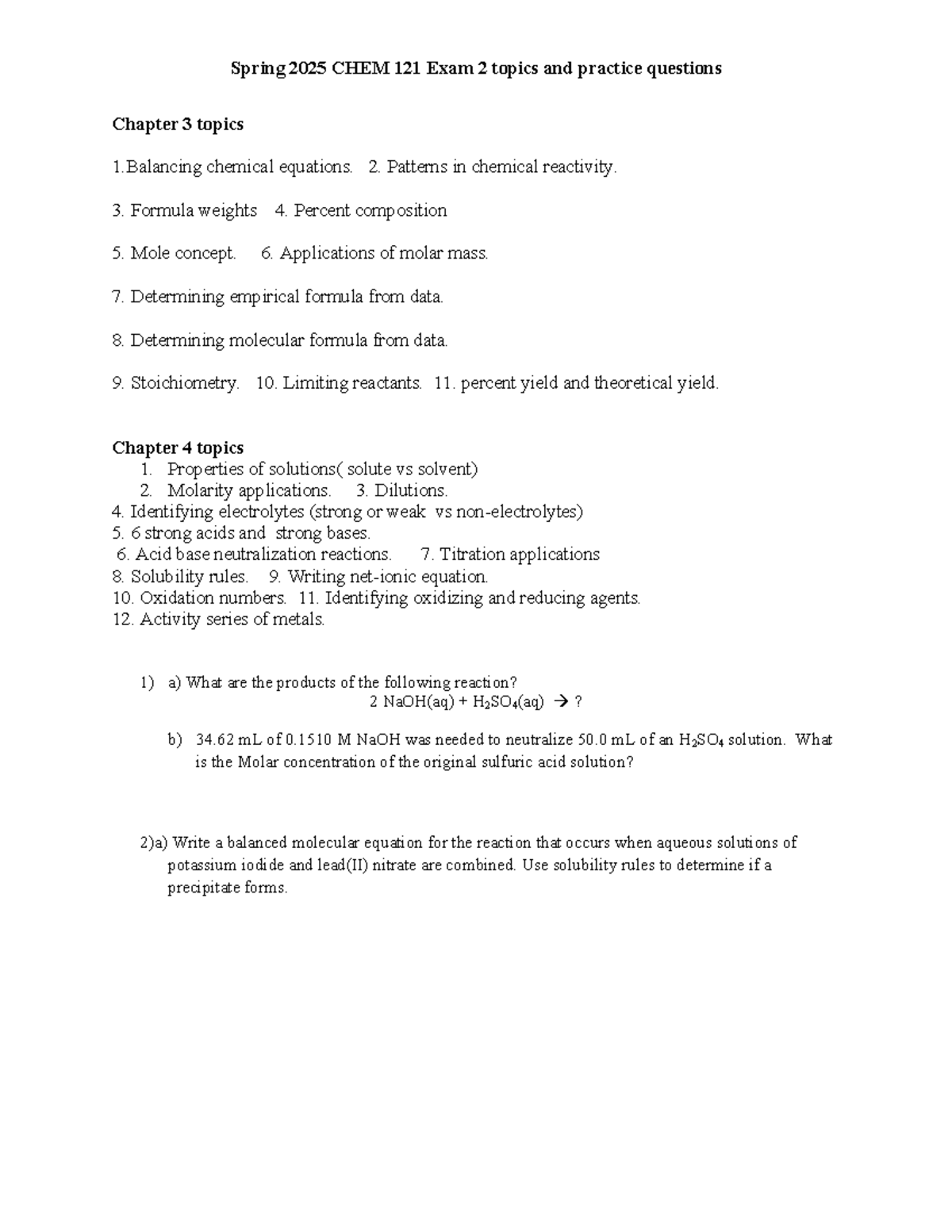 Spring 2025 CHEM 121 Exam 2 Study Guide: Key Topics & Practice Qs - Studocu