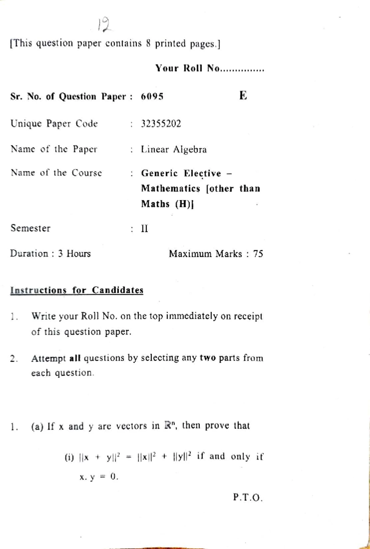 1047 Generic Elective Mathematics II: Linear Algebra PYQ6 Exam Paper ...