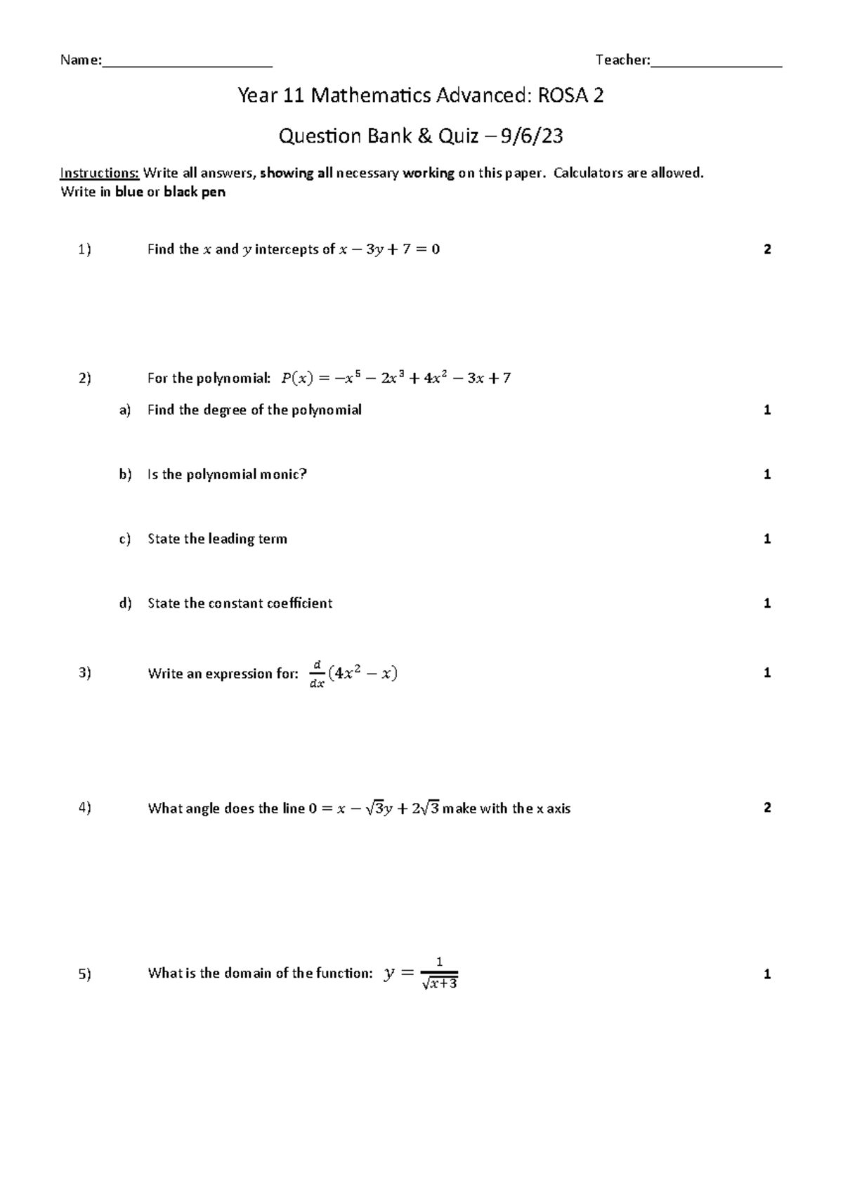 Year 11 Mathematics Advanced: ROSA 2 Quiz Question Bank - Studocu