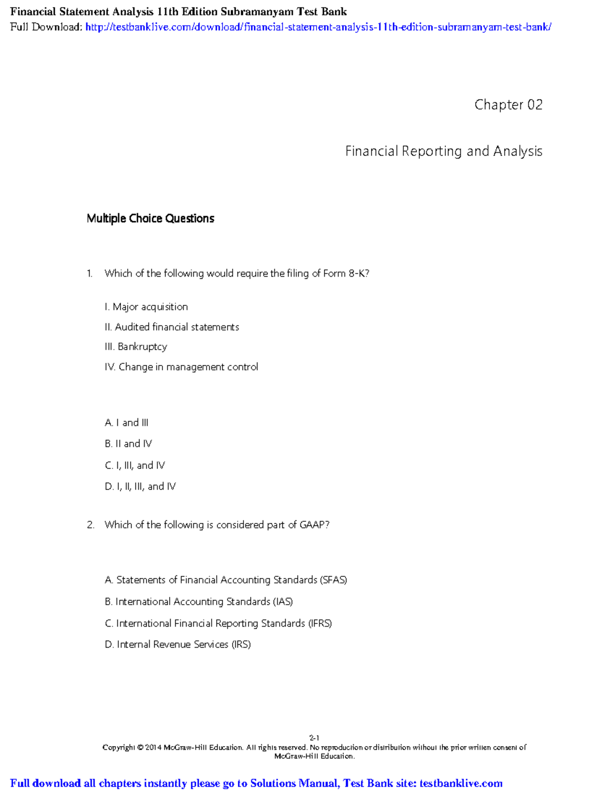 FS Analysis Test Bank: Chapter 02 Financial Reporting MCQs and Answers ...