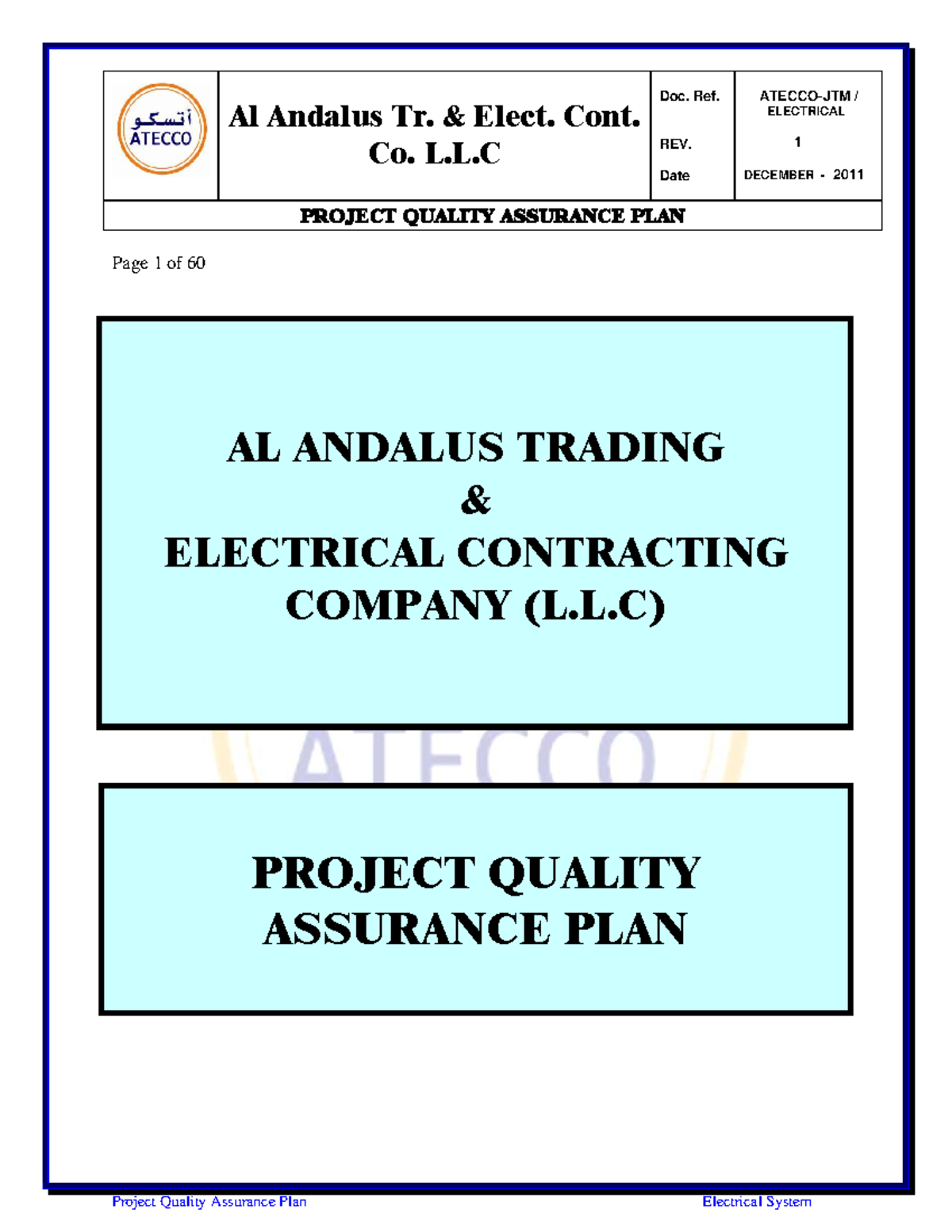 Project Quality Assurance Plan for Electrical System - Al Andalus Tr ...