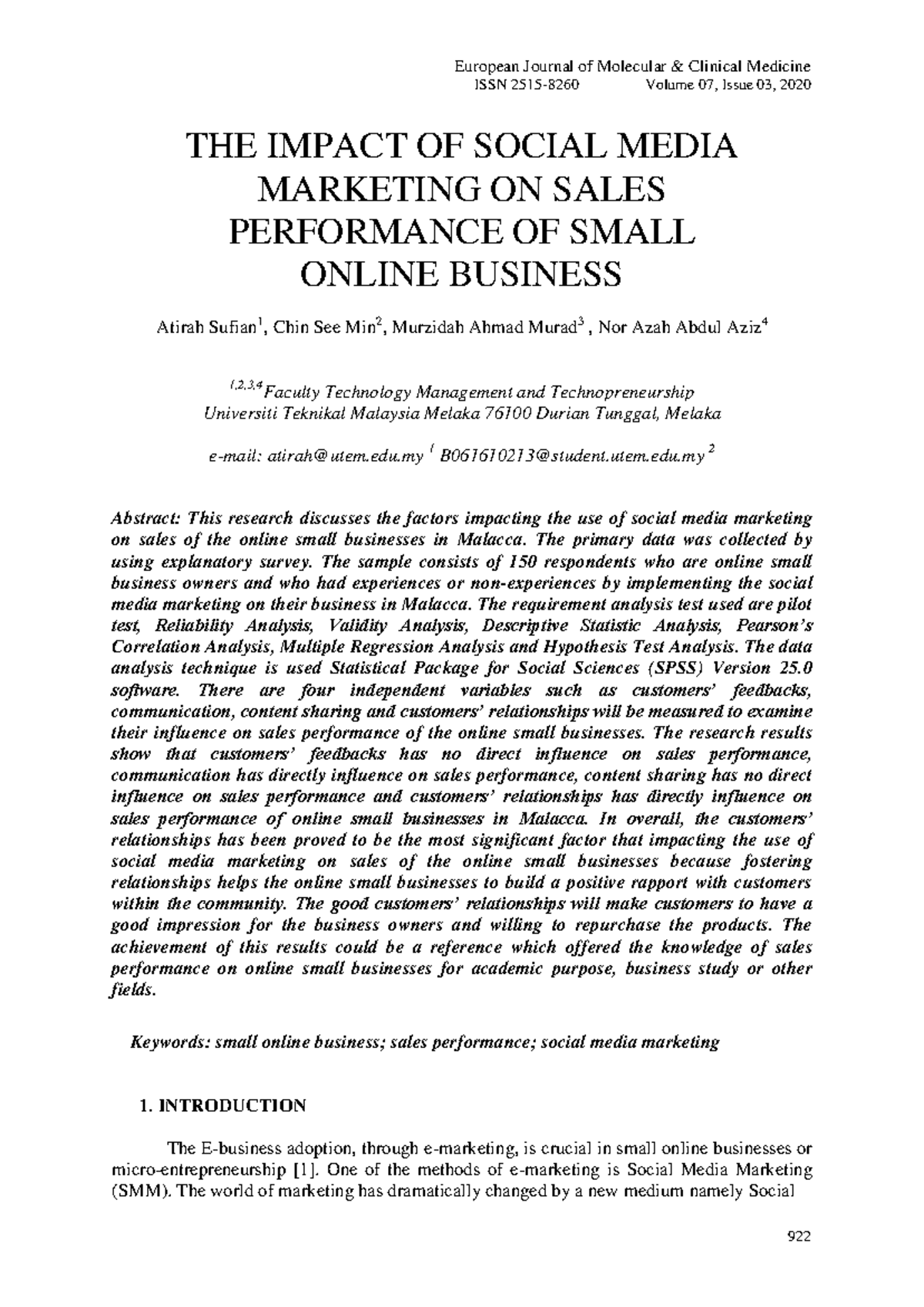 The Impact of Social Media Marketing on Sales Performance of Small ...