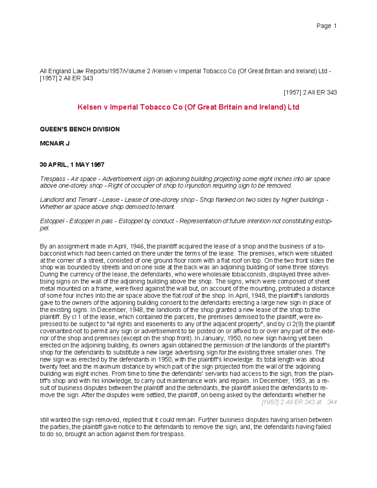 kelsen v imperial tobacco co 1957 Kelsen v Imperial Tobacco Co: Air Space Trespass Case Study (1957)