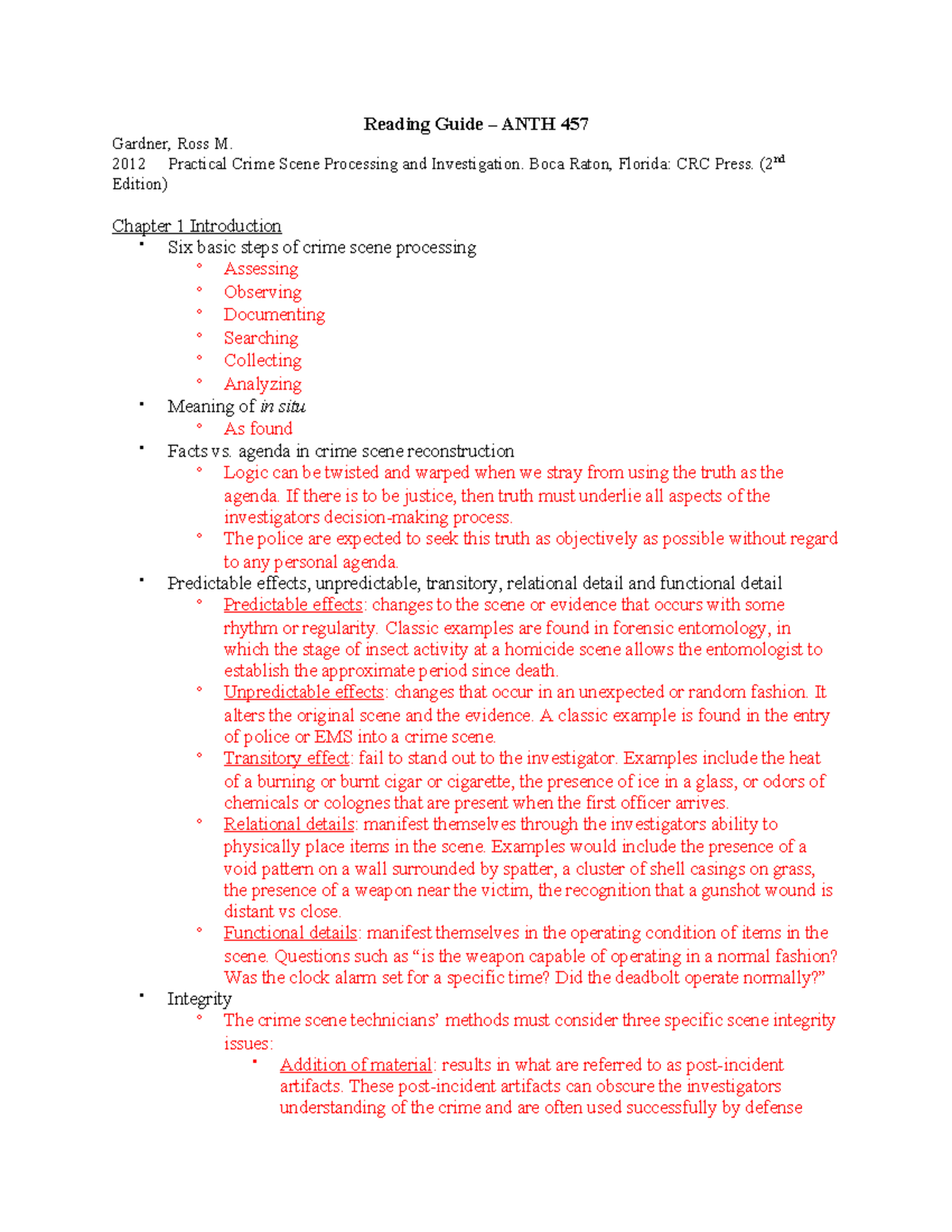 Crime Scene Processing Overview: ANTH 457 Reading Guide Insights - Studocu