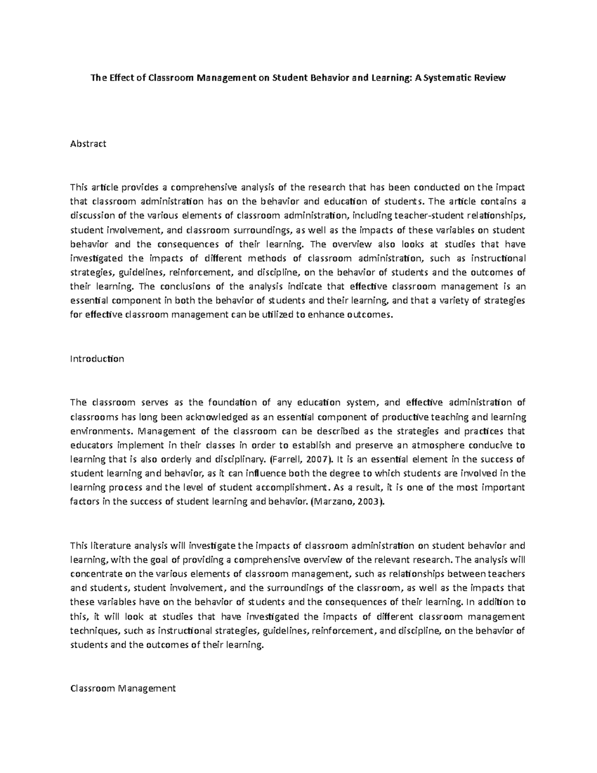 The Impact of Classroom Management on Student Behavior & Learning - Studocu
