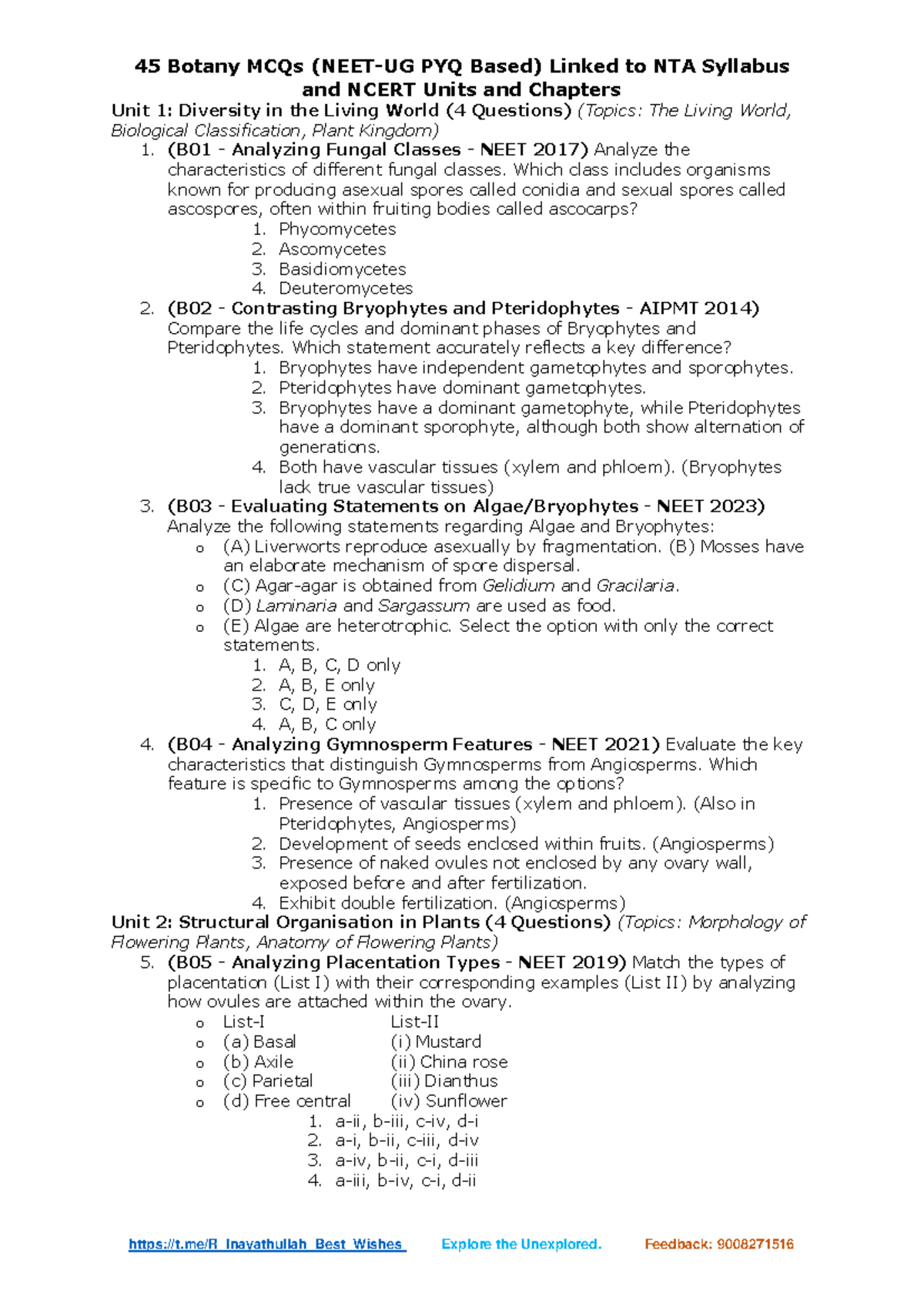 45 Botany MCQs PYQ Analysis Linked to NTA Syllabus and NCERT Units ...