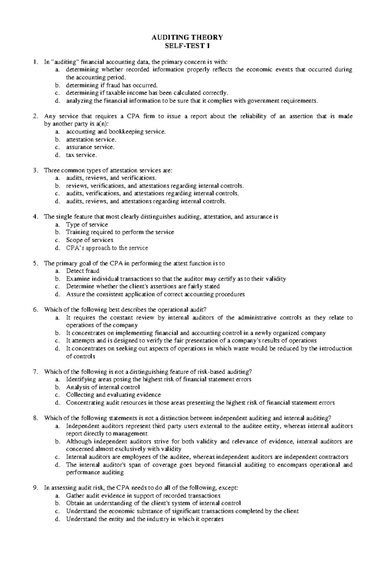 AUDITING THEORY 1: Self-Test Multiple Choice Questions - Studocu
