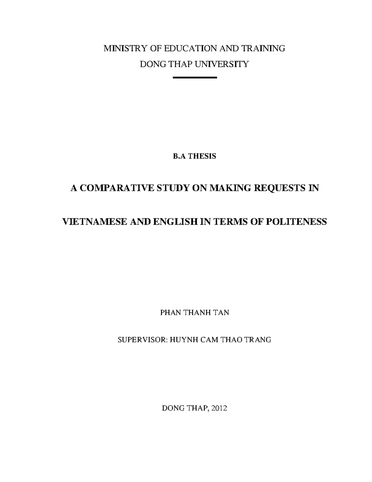 B.A Thesis: Comparative Study of Requests in Vietnamese & English ...