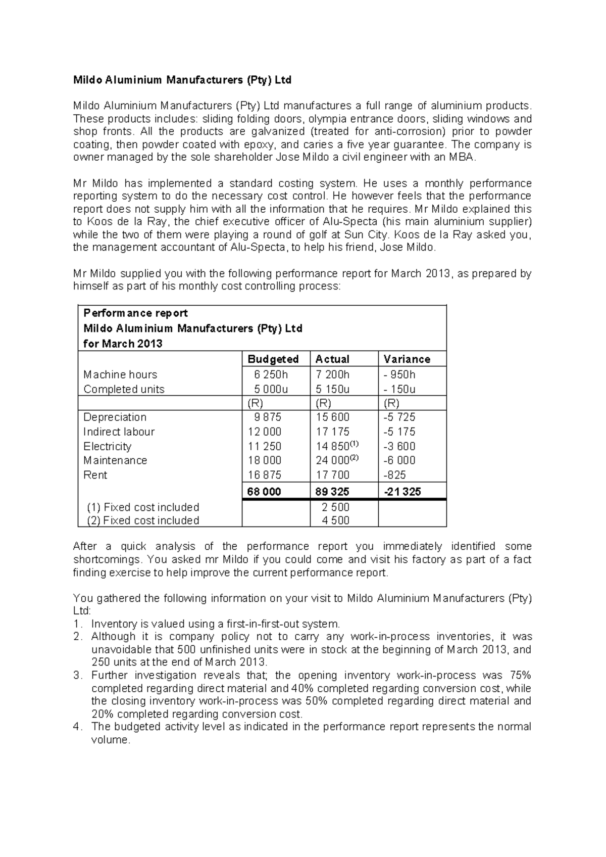 Mildo Aluminium Case Study: Performance Report Analysis for March 2013 ...