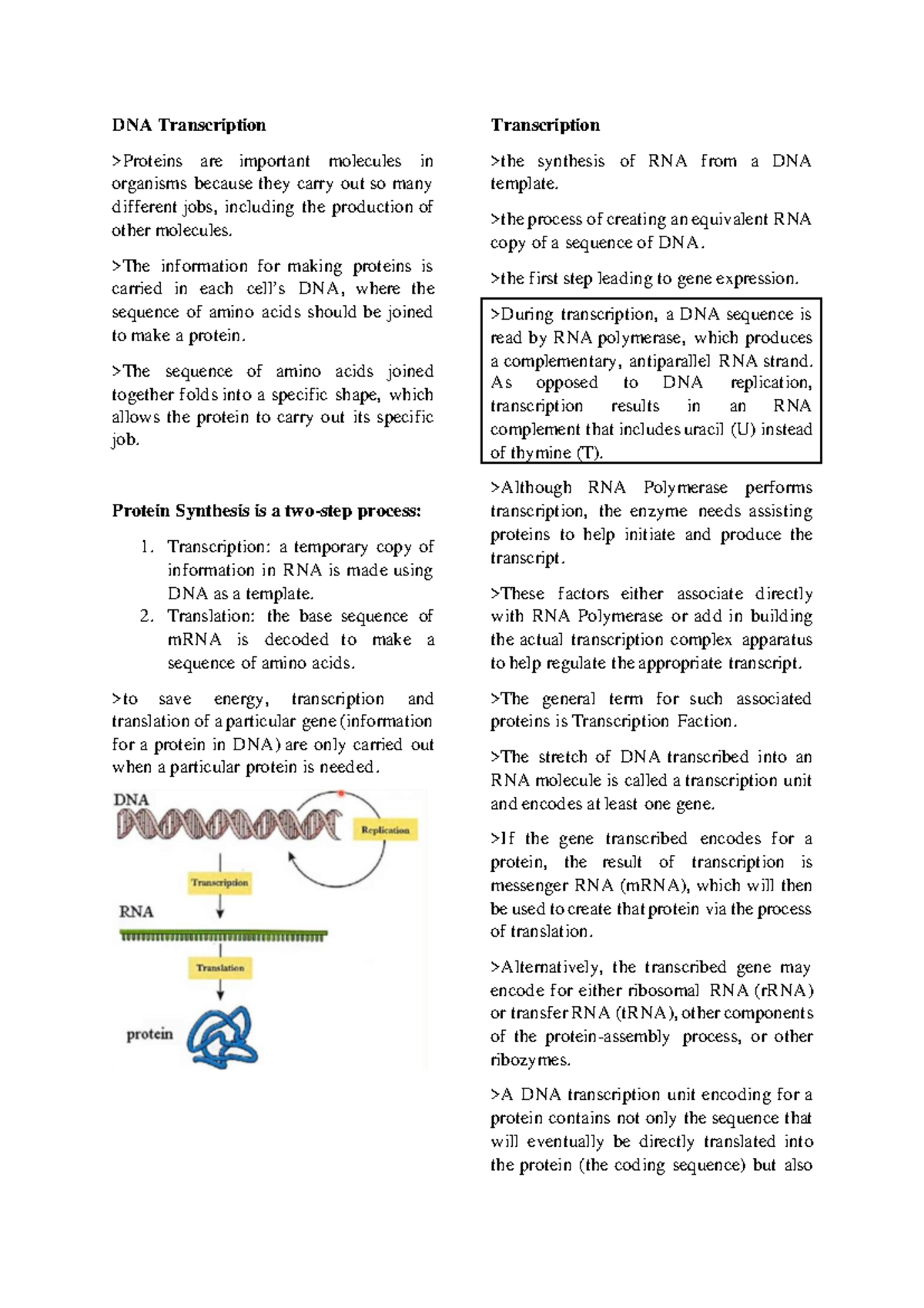 CYTO 101: DNA Transcription and Protein Synthesis Overview - Studocu