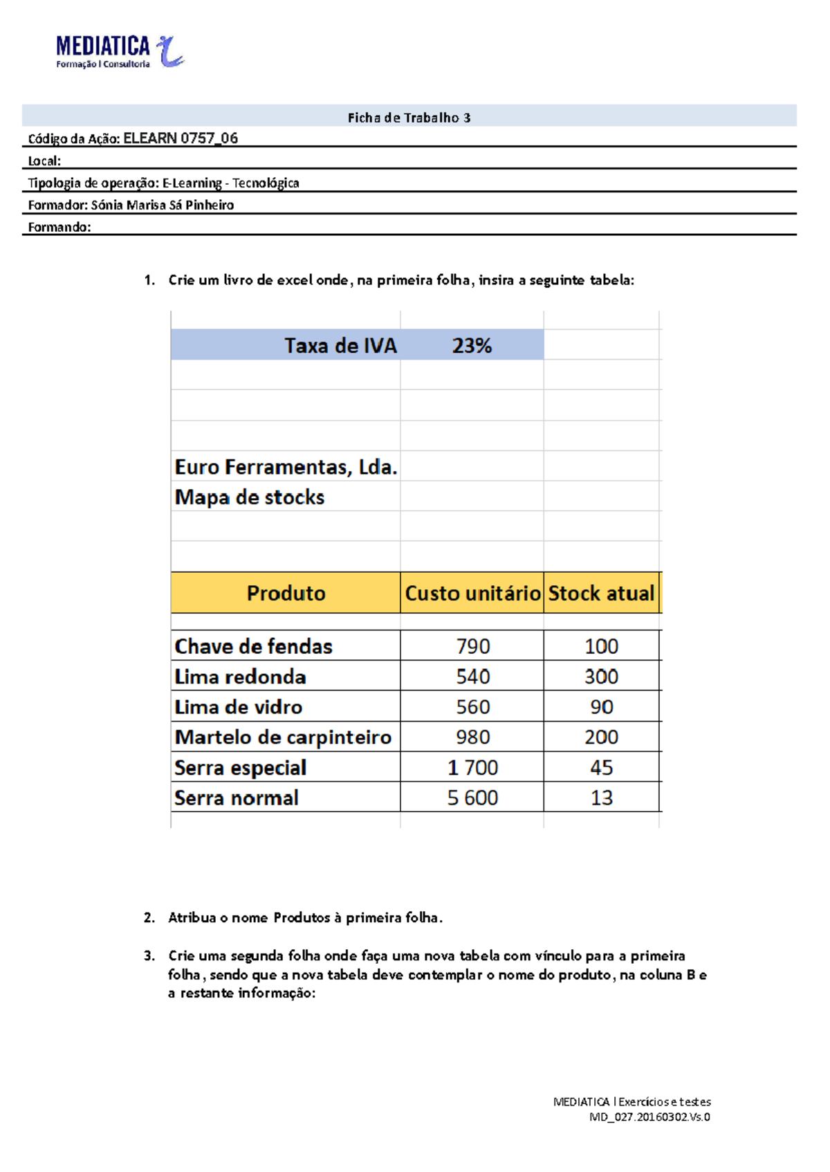 Ficha de Trabalho 3 - ELEARN 0757: Criando Tabelas no Excel - Document Preview