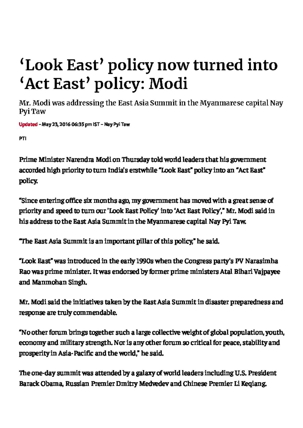 ‘Act East’ Policy Launch by Modi at East Asia Summit - Analysis - Studocu
