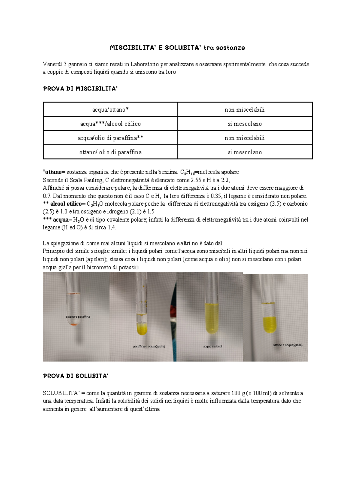 Prova di Miscibilità e Solubilità tra Sostanze - Analisi in Laboratorio