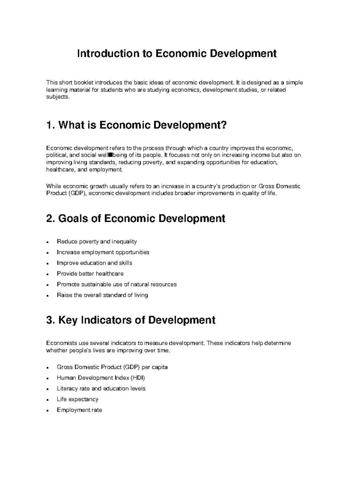 Introduction to Economic Development: Key Concepts and Goals - Studocu