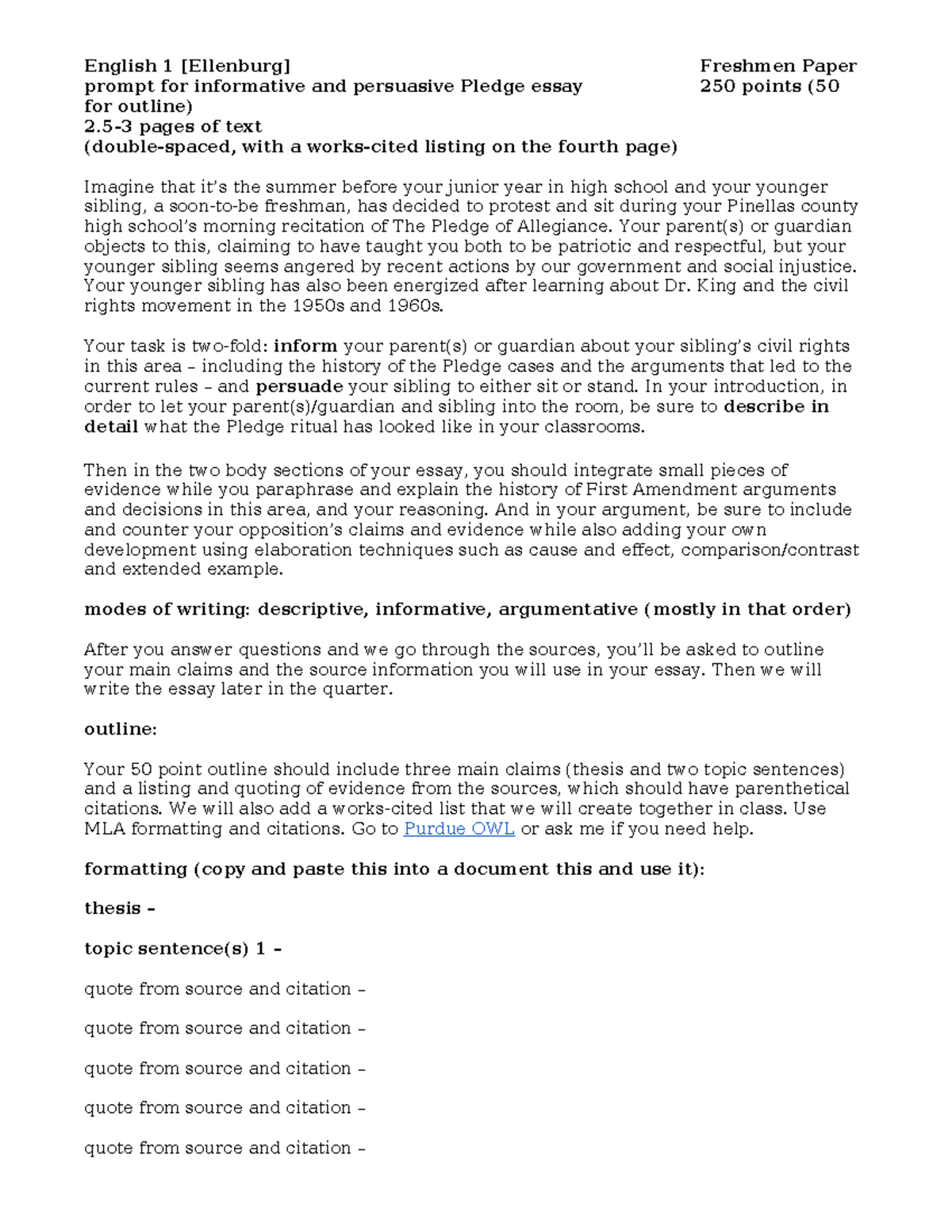 Pledge Essay Outline for ENG 1 [Ellenburg] - 250 Points Draft - Studocu