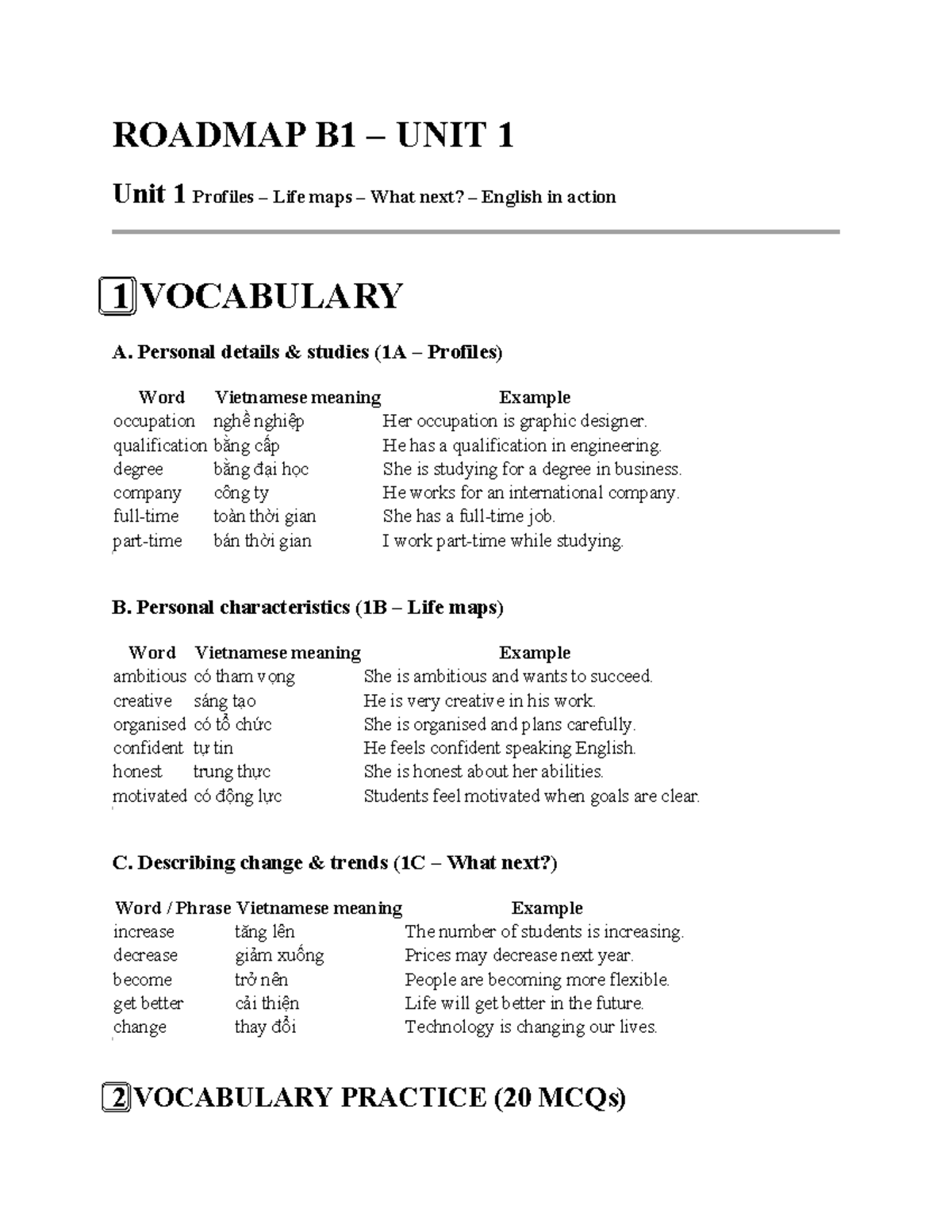 Roadmap B1 Vocabulary & Grammar Review for Units 1-4 - Studocu