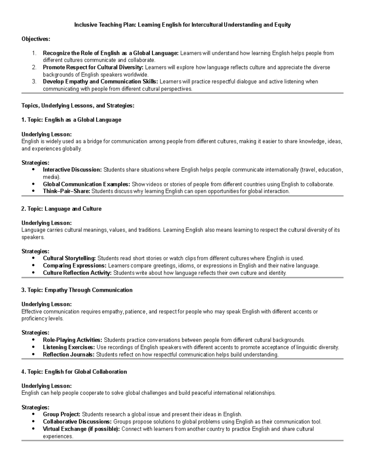 Inclusive Teaching Plan: English for Intercultural Understanding - Studocu