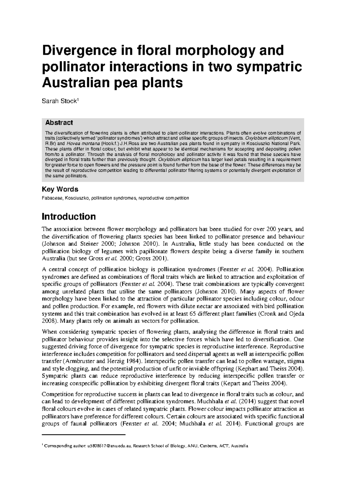 Divergence in Floral Morphology and Pollinator Interactions: BIOL2203 ...