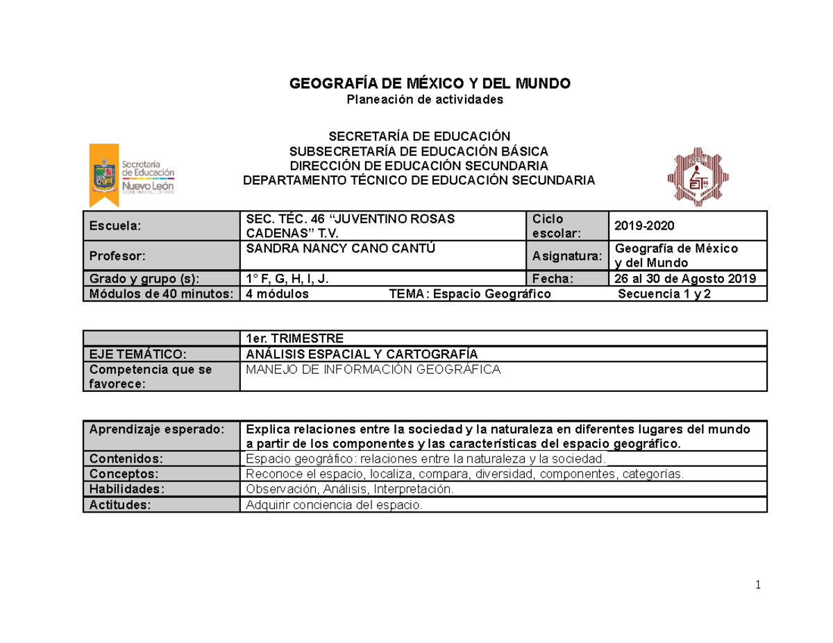 Planeacion GEO 1er. TRIM 2019 2020 - GEOGRAFÍA DE MÉXICO Y DEL MUNDO