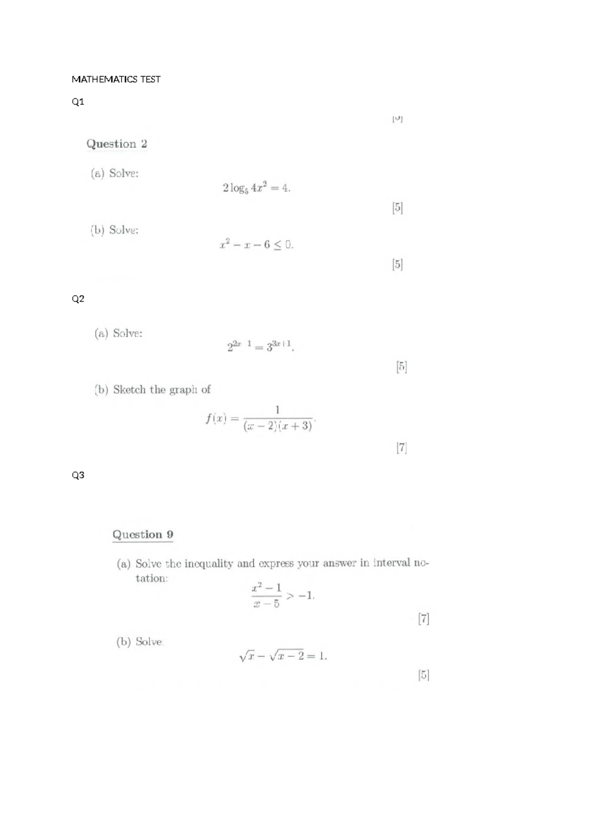 Mathematics Test D - Q1 to Q7 Question Solutions and Graphs - Studocu