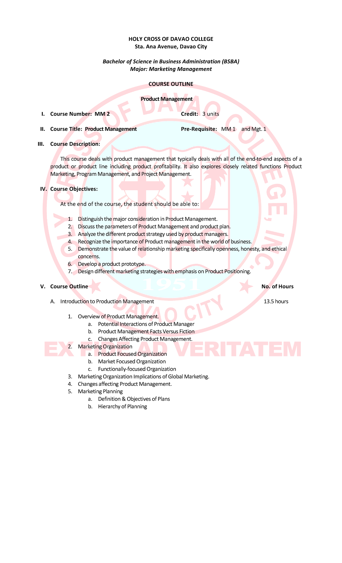 Product Management Course Outline (MM 2) - BSBA Marketing - Studocu
