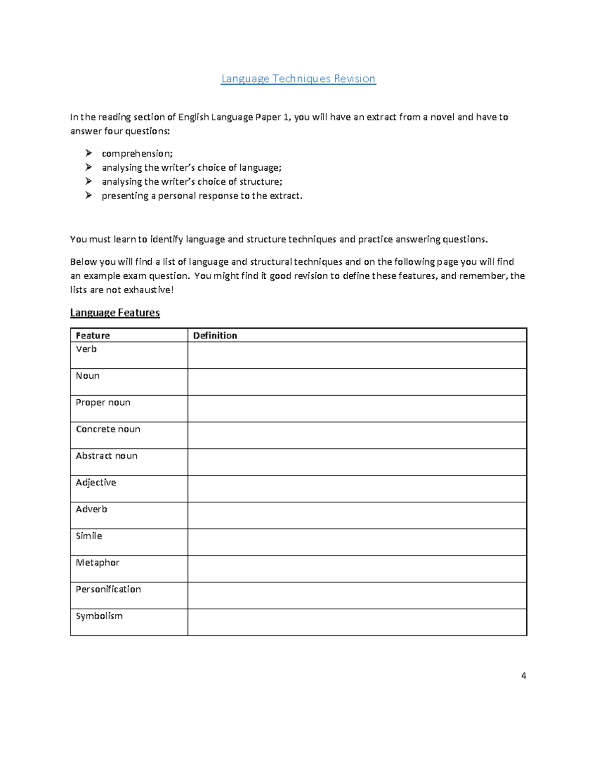 English 234 - Langugage Techniques - Language Techniques Revision In ...