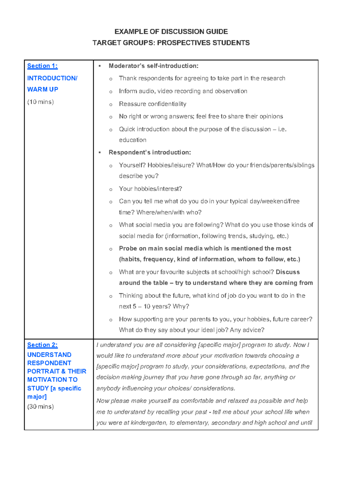Example OF Discussion Guide - prospective students - EXAMPLE OF ...
